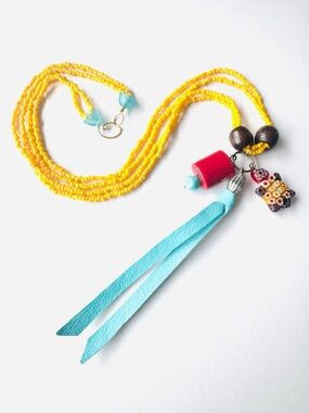 Handmade Yellow Beaded OOAK Necklace with Aqua Tassel and millefiori turtle NWT